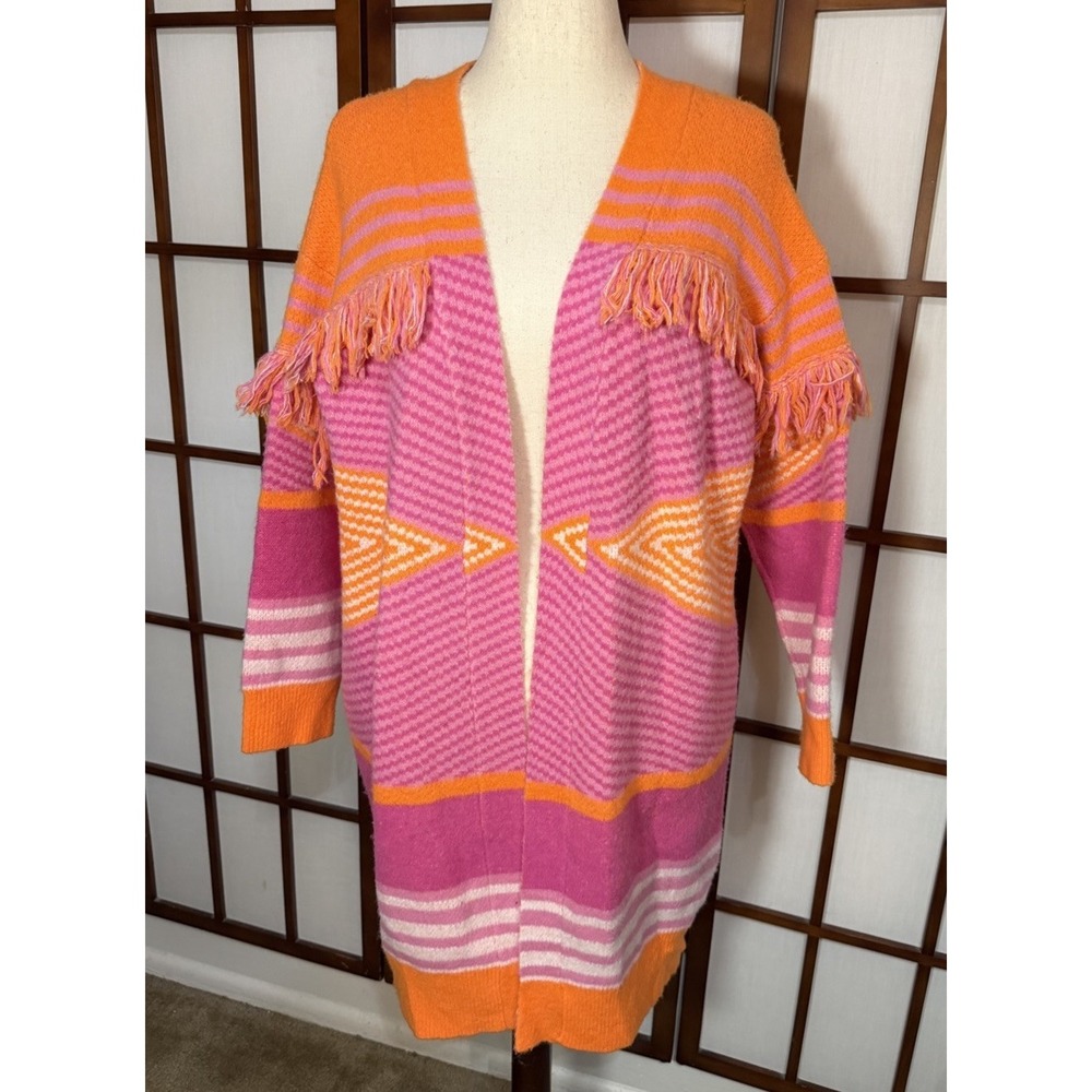 THML Orange Pink Fringe Maximalist Colorful Long Cardigan Sweater XS/S/M Oversiz